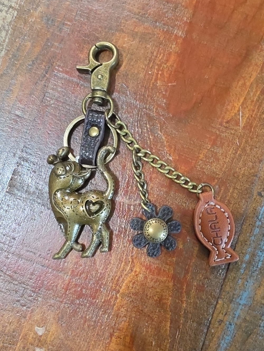 Chala Bronze Cat Fish Flower Keychain Charm Vintage Brown Leather